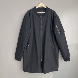 Qilo Tactical Long Bomber Jacket Wool Blend Full‎ Zip Coat Black Quilt Lined 2XL
